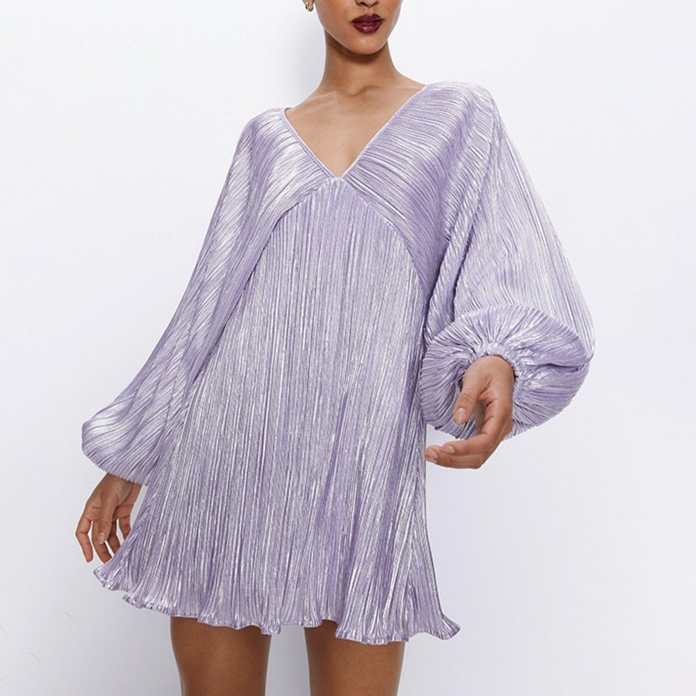 Nasty Gal pleated balloon sleeve metallic lilac mini dress small